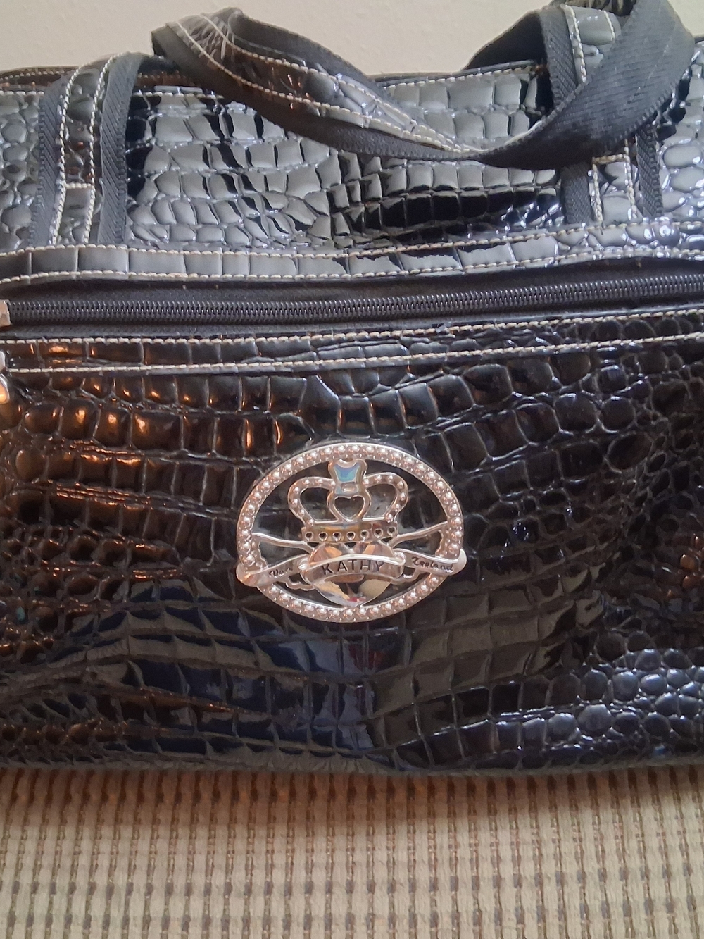 Kathy Van Zeeland Black Croc-Embossed Women's Tote with Decorative Emblem